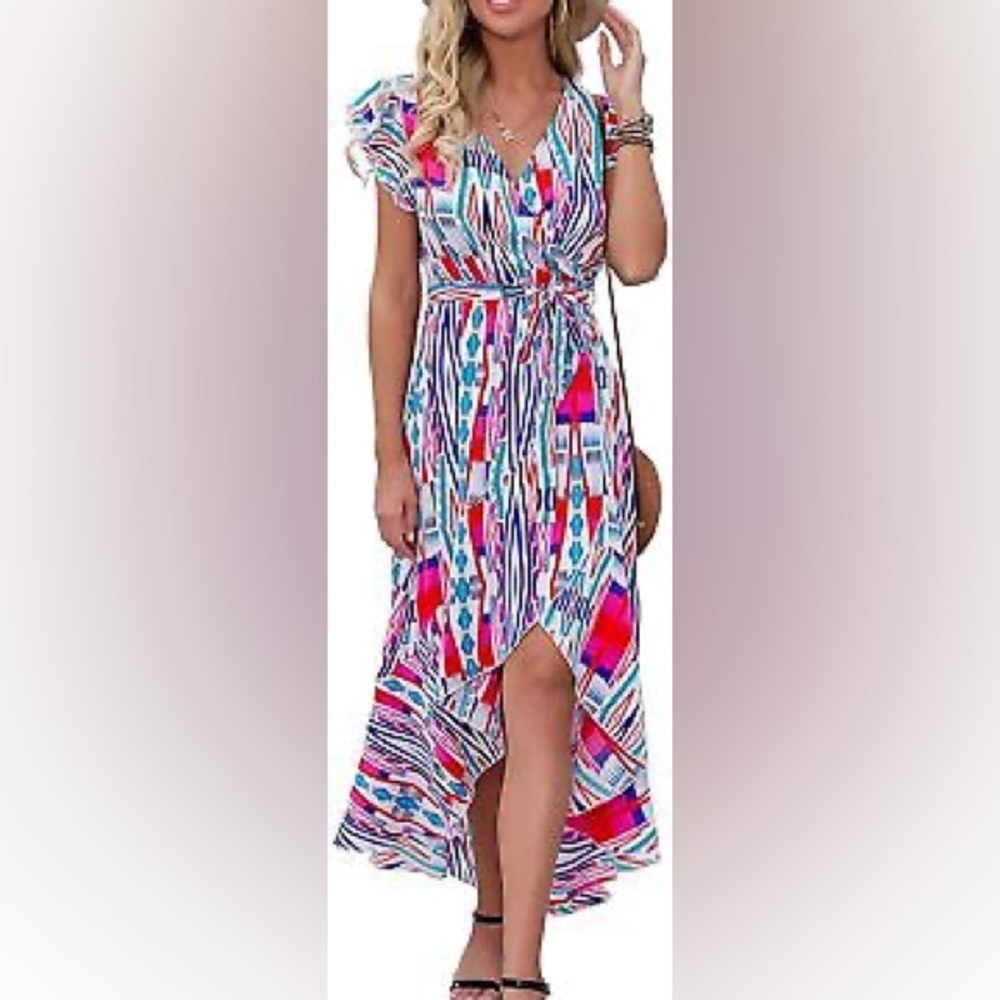 Floral Print Cross V Neck Maxi Dress